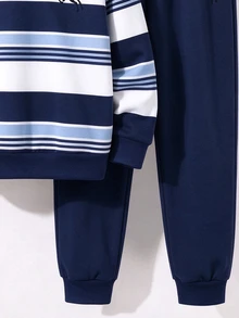 SHEIN 青少年男孩休閒極簡長袖舒適連帽衫與運動長褲2件套，保暖內裡，適合秋冬穿著 - 彩色 - 查看 5