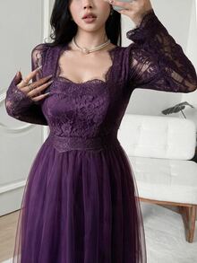 Feyla Plus Size Women's Lace Mesh Patchwork Elegant Waist-Cinching Party Dress - Purple - View 6