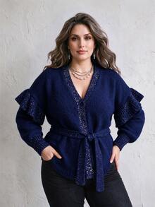 Linhara CURVE Plus Size Women's Sequin V-Neck Knit Cardigan - Royal Blue - View 5