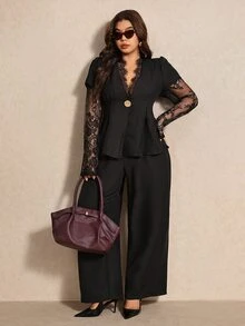 Elaquor Plus Size Women's Contrast Lace Long Sleeve Single Button Top And Wide Leg Pants Elegant 2 Pieces Set - Black - View 4