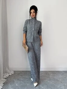 Breezaya طقم نسائي بسيط فاخر من الصوف المحبوك، كارديجان بأكتاف منسدلة فضفاضة وبنطال واسع الساق بتصميم منسدل مشدود، طقم من قطعتين - رمادي - مشاهدة 7