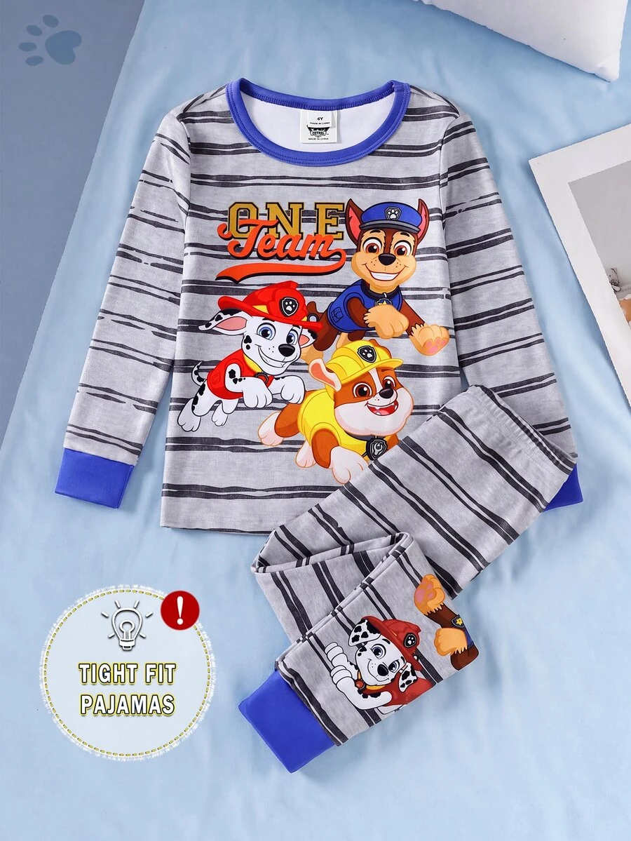 SHEIN | PAW Patrol GraphicGems 小男孩卡通印花長袖上衣與條紋長褲家居服套裝 - 灰色 - 查看 1