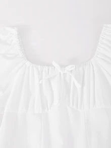 SHEIN Tween Girls White Puff Sleeve Square Neck Ruffle Hem V-Waist Casual Party Summer Dress - White - View 4