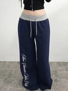 SHEIN Quần nỉ thể thao thường ngày cho bé gái tuổi teen, cạp chun rút, họa tiết chữ, phong cách casual - Màu xanh hải quân - Xem 3