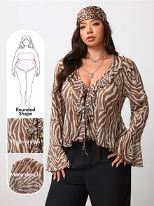 Enliva Plus Size Zebra Print Stretch Mesh Ruffle Front Top Compatible With Apple Body Round Body - Brown - View 1