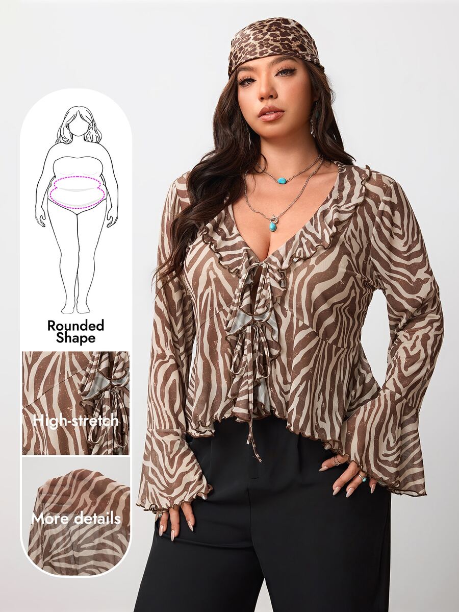 Enliva Plus Size Zebra Print Stretch Mesh Ruffle Front Top Compatible With Apple Body Round Body - Brown - View 1