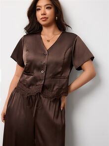Enliva Plus Size V Neck Button Front Lace Trim Top And Wide Leg Pants Set - Coffee Brown - View 7