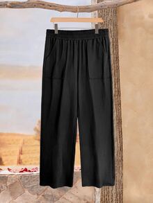 Rusticease Plus Size Women Solid Color Elastic Waist Pocket Casual Loose Long Pants - Brown - View 12
