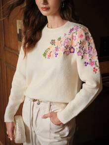 Anewsta Gentle Mori Style Heavy Embroidery Colorful Floral Knit Sweater, Cream Apricot Round Neck Loose Fit Slimming Long Sleeve Pullover - Apricot - View 4
