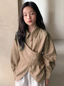 DAZY 少女款翻領條紋長袖梭織襯衫 - 卡其色 - 查看 1