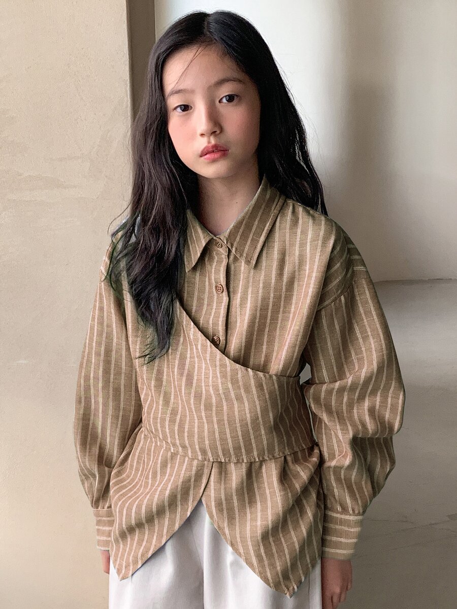 DAZY 少女款翻領條紋長袖梭織襯衫 - 卡其色 - 查看 1