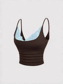 Sweetra 女款性感蕾絲拼接V領背心式無袖露背短版上衣，適合春、夏、秋季 - 咖啡棕 - 查看 1