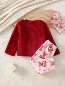 女童幼兒可愛卡通熊蝴蝶結風格軟厚法蘭絨圓領長袖熊圖案上衣搭配粉色滿版熊圖案長褲 2件套保暖家居服，適合秋冬戶外穿著 - 紅色 - 查看 2