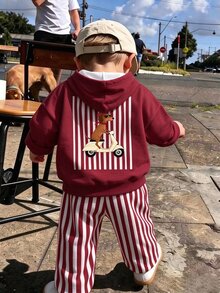 幼童男孩狗狗滑板車背印酒紅色連帽衛衣與紅白條紋長褲2件套 秋冬酷小狗造型上學日常穿著套裝 - 彩色 - 查看 1