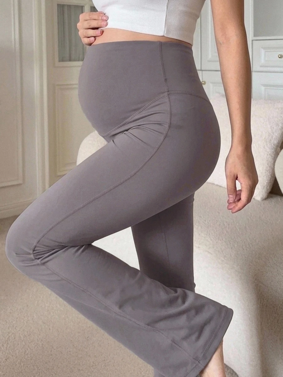 Dazy Maternity Elastic Fitted Solid Color Patchwork Adjustable Buckle Flare Leggings Elegant Casual Daily Wear Maternity Leggings Long All Season Fall - Grey - View 1