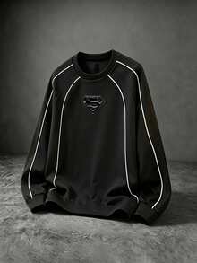 SUPERMAN X SHEIN Men's Geometric Print Raglan Long Sleeve Sports T-Shirt - Black - View 1