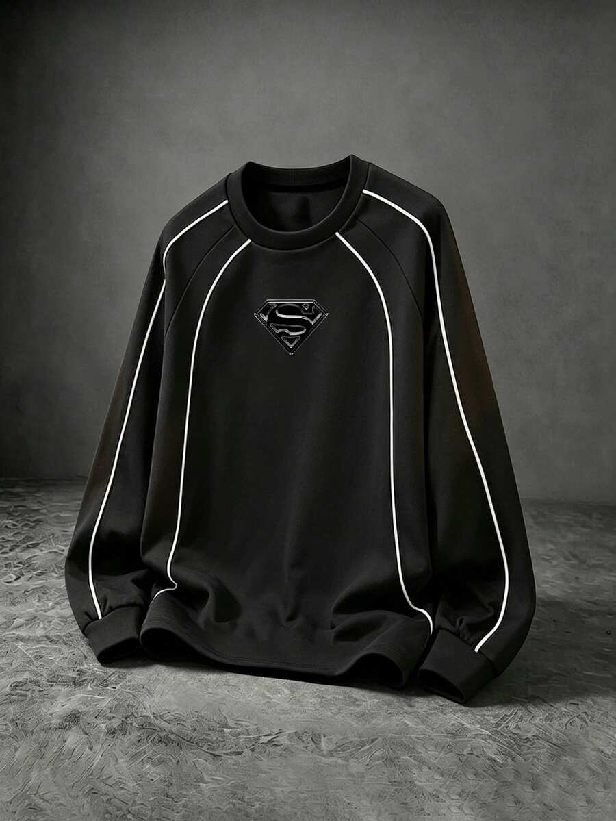 SUPERMAN X SHEIN Men's Geometric Print Raglan Long Sleeve Sports T-Shirt - Black - View 1