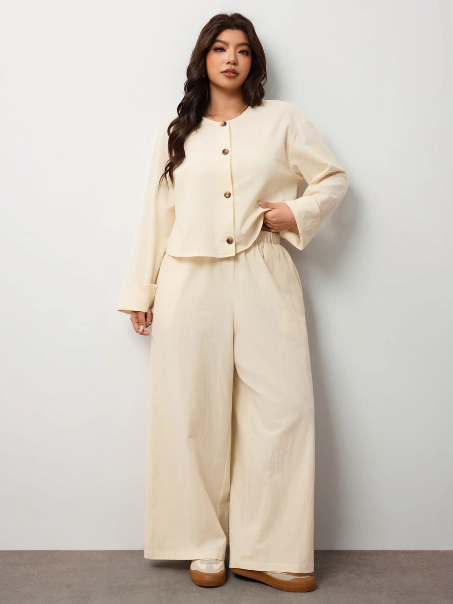 Enliva Plus-Size Women's Apricot Long-Sleeved Two Pieces Set, Suitable For Commuting Apple,Rounded Body - Apricot - View 1
