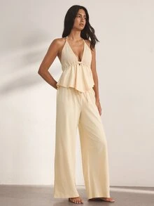 Ocili Women's Ruffled Hem Halter Top And Pants Pajama Set - Beige - View 5