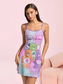 SHEIN X Care Bears Women's Cartoon Print Spaghetti Strap Nightgown - Purple - View 5