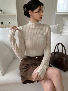 Dazy Kids Teen Girl Solid Color Stand Collar Casual Daily Long Sleeve T-Shirt - Beige - View 2