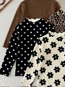 SHEIN 4pcs, Girls Knitted Floral Striped Pattern Printed Ruffle Collar Casual Long Sleeve T-Shirt Tops, Suitable For Autumn/Winter Wear, Back To School - Multicolor - View 4