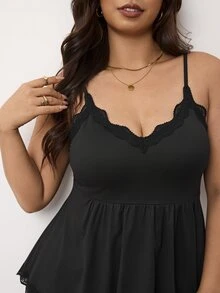 Enliva Plus Size Women's Elastic Lace-Trimmed Black Camisole Apple,Rounded Body - Black - View 7