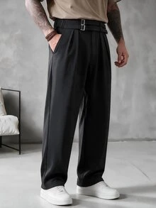 SLATEMANN Men's Solid Color Pleated Waist Buckle Design Business Casual Dress Pants - Black - View 4