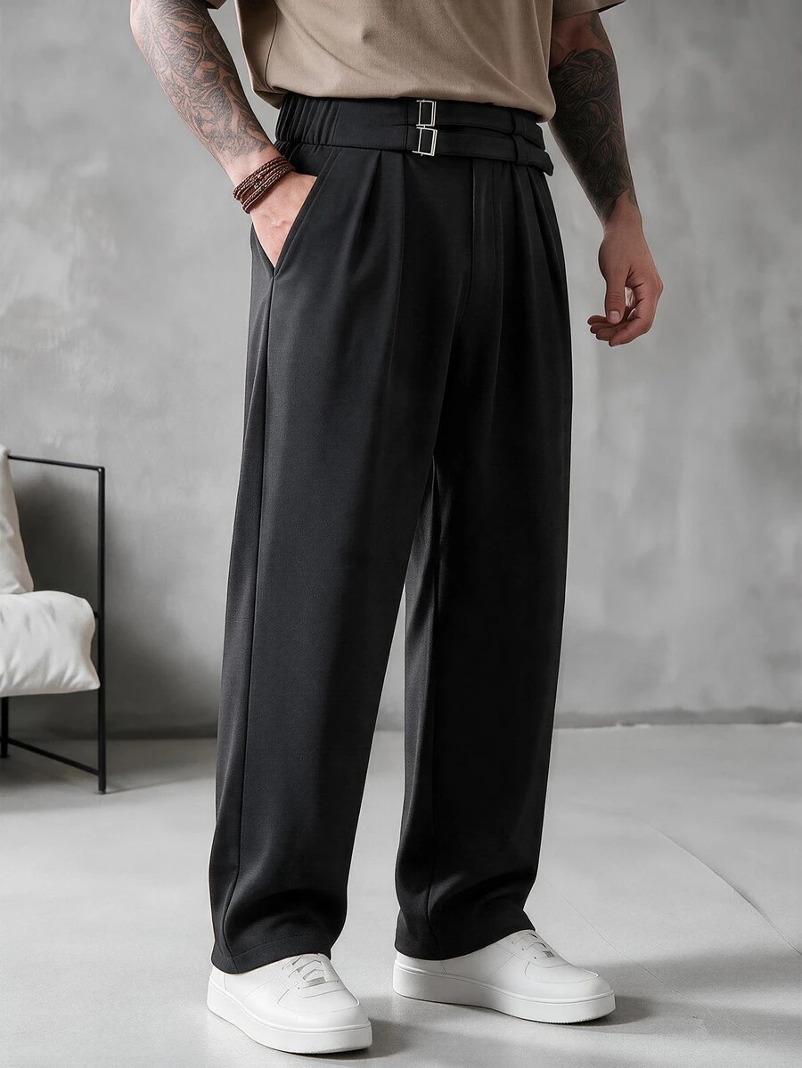 SLATEMANN Men's Solid Color Pleated Waist Buckle Design Business Casual Dress Pants - Black - View 1