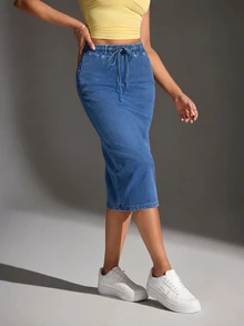 Flexra Chân váy denim nữ thường ngày phong cách casual có dây rút ở eo - Màu xanh lam - Xem 3