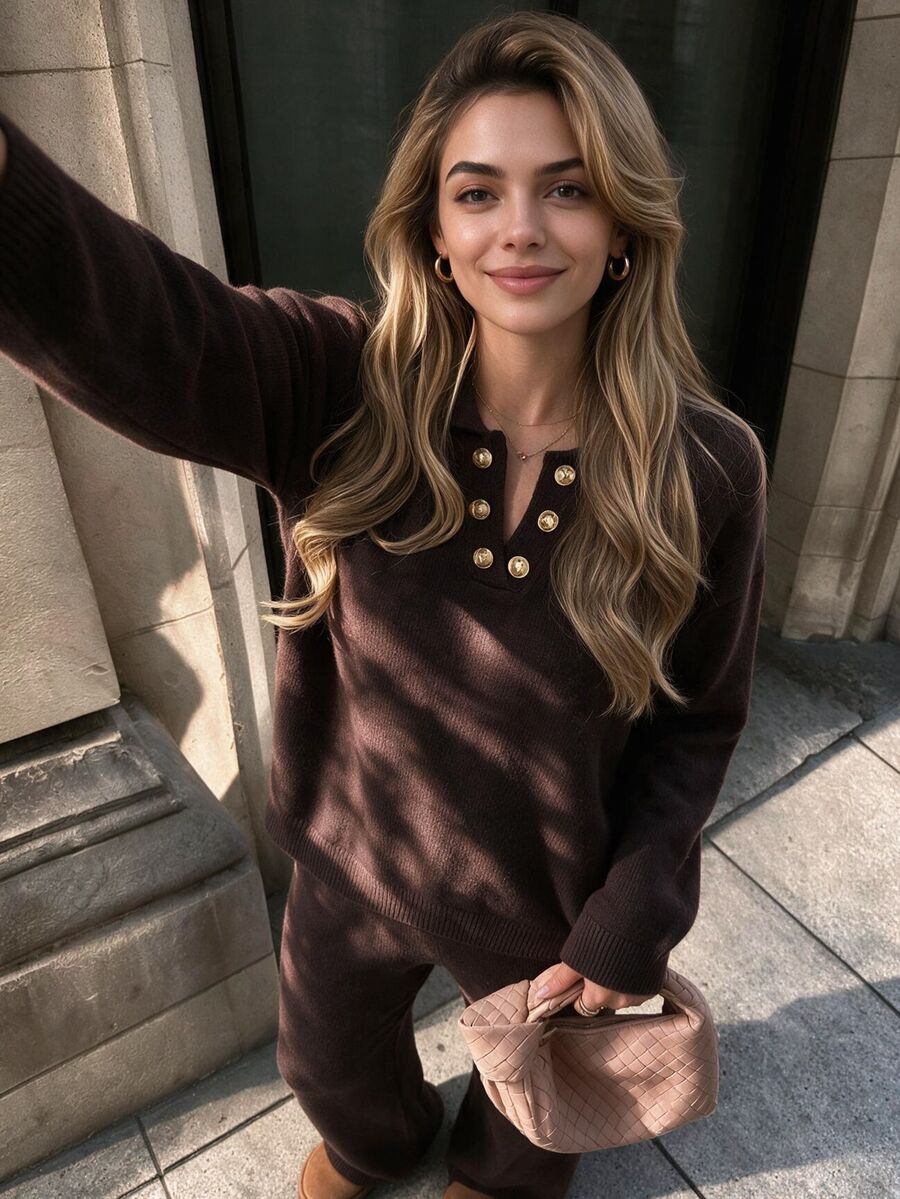 Autumina Autumn/Winter Vintage Dark Brown Polo Collar Knit 2 Pieces Set - Coffee Brown - View 1