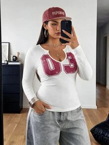 POPSWAY Plus Size Early Autumn White Digital Print Slim Fit V-Neck Long Sleeve T-Shirt - White - View 5