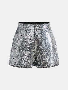 SHEIN Tween Girls Tween Girl Silver Sequin Shorts A-Line Pants, Soft And Comfortable For Holiday Party, Dance, Daily Casual Wear, Versatile - Silver - View 5
