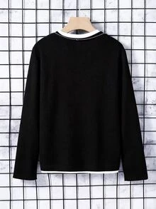 SHEIN 青少年男孩棕色與白色波點拼接圓領長袖華夫格紋布料休閒基礎T恤 秋季校園舒適內搭衫 - 黑色 - 查看 2