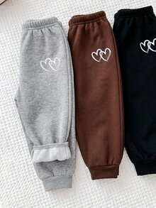 SHEIN 3件組女嬰愛心印花鬆緊腰長款冬季長褲 - 彩色 - 查看 4