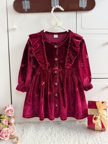 SHEIN 幼兒女嬰酒紅色天鵝絨洋裝，刺繡蝴蝶結荷葉邊飾邊、長袖圓領、前開鈕扣、收腰傘擺公主風兒童派對禮服 - 酒紅色 - 查看 3