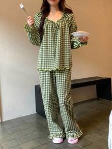 DAZY 女款格紋長袖上衣與長褲休閒居家睡衣套裝 秋季睡衣 - 淺藍色 - 查看 3