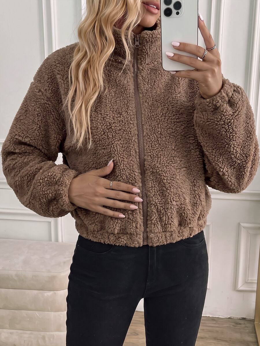 Easowa Áo khoác nỉ fleece nữ màu xám lót giữ nhiệt, khóa kéo, gấu áo co giãn, tay dài - màu nâu - Xem 1