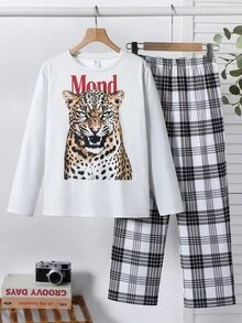 SHEIN 青少年男孩豹紋長袖上衣與格紋長褲居家休閒套裝 - 彩色 - 查看 5