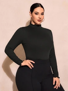 SHEIN SXY 大尺碼純色修身高領長袖百搭棉質T恤，適合秋季、職場、正式場合與晚宴派對，黑色，極簡休閒，優雅知性 - 黑色 - 查看 9