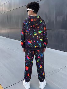 SHEIN 2pcs Tween Boy Casual Glow-In-The-Dark Splatter Game Console Graphic Hoodie & Jogger Pants Set, Suitable For School, Daily Wear, Sports, Versatile And Simple - Black - View 4