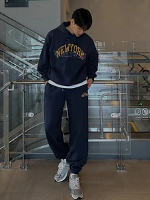 DAZY Autumn/Winter Thermal Lined Navy Blue Letter Print Men's Hoodie Sweatshirt Set - Navy Blue - View 1