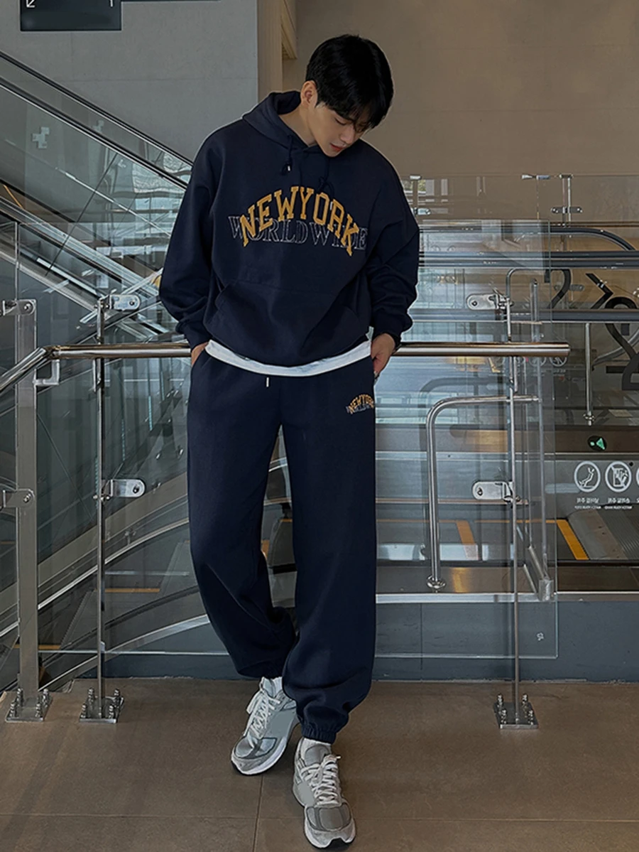 DAZY Autumn/Winter Thermal Lined Navy Blue Letter Print Men's Hoodie Sweatshirt Set - Navy Blue - View 1