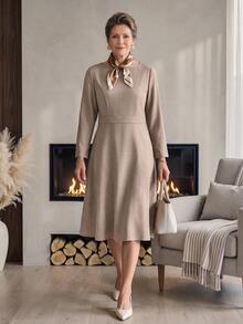 Miaspire Solid Color Long Sleeve Dress For Middle-Aged And Elderly Women - Khaki - View 3
