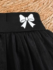 SHEIN 幼女裙褲式內搭褲 歐根紗層次百褶裙褲 蝴蝶結鬆緊腰 黑白純色 生日派對 秋冬款 - 黑色 - 查看 3