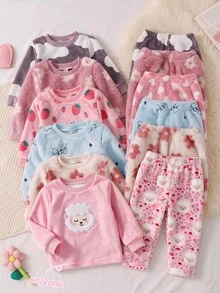 SHEIN 女嬰甜美韓風粉色蝴蝶結印花法蘭絨圓領寬鬆長袖秋季/秋冬褲子2件套，加厚雙面抓毛 - 彩色 - 查看 7
