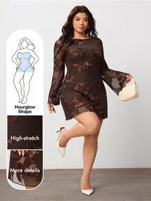 Enliva Plus Size Brown Floral Bodycon Mini Dress With Open Back For Hourglass Body - Brown - View 1