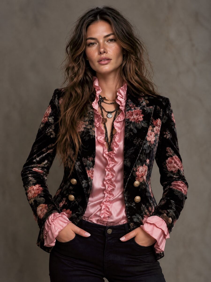 Solivie Women's Autumn/Winter New Printed Velvet Blazer, Black - Black - View 1