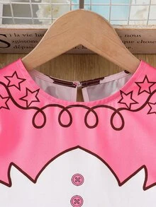 SHEIN 女童五角星格紋印花圓領長袖休閒洋裝 - 粉色 - 查看 5