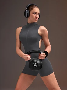 Powerista Solid Color Backless Sleeveless Fitted Athletic Romper Shorts Backless Gym Fitness Going Out Fashion Casual Going Out Front Zipper Minimalist Sleevele - Grey - View 7